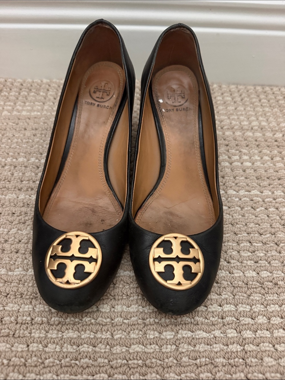 Tory Burch Black Leather Logo wedge with Gold